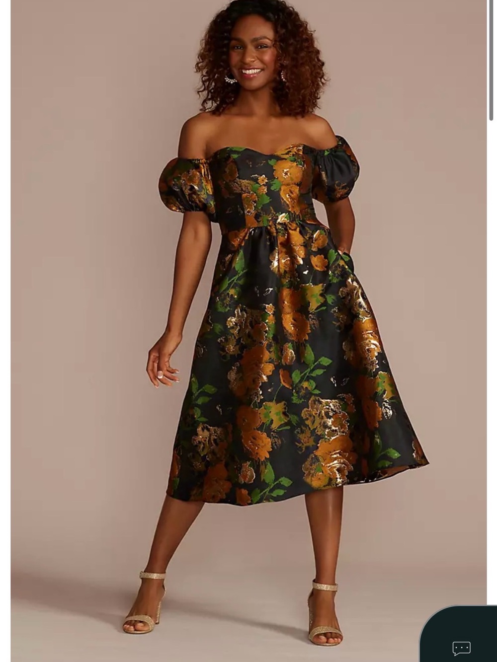 Off-Shoulder Black Floral Midi Dress with Puff Sleeves and Metallic Accents